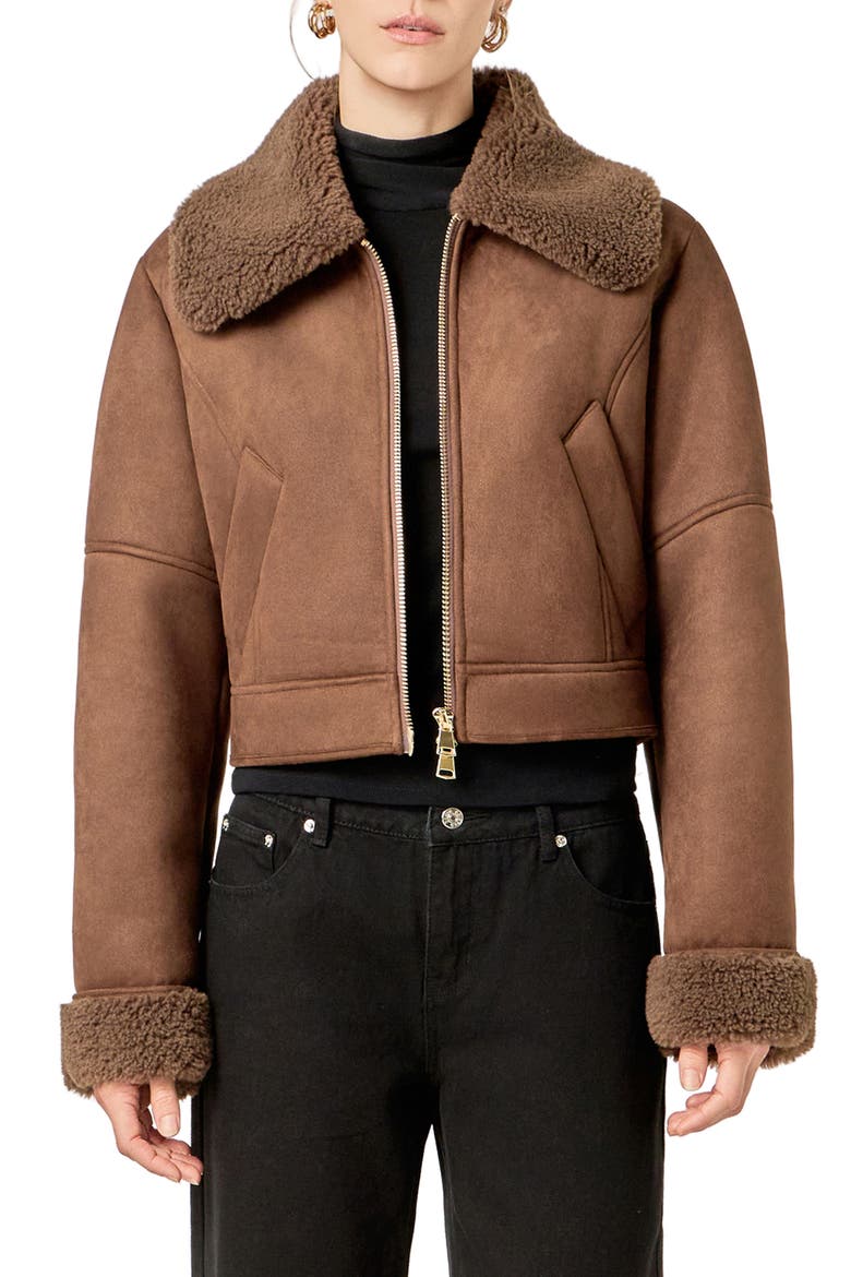 Faux Shearling Trim Moto Jacket, Main, color, BROWN
