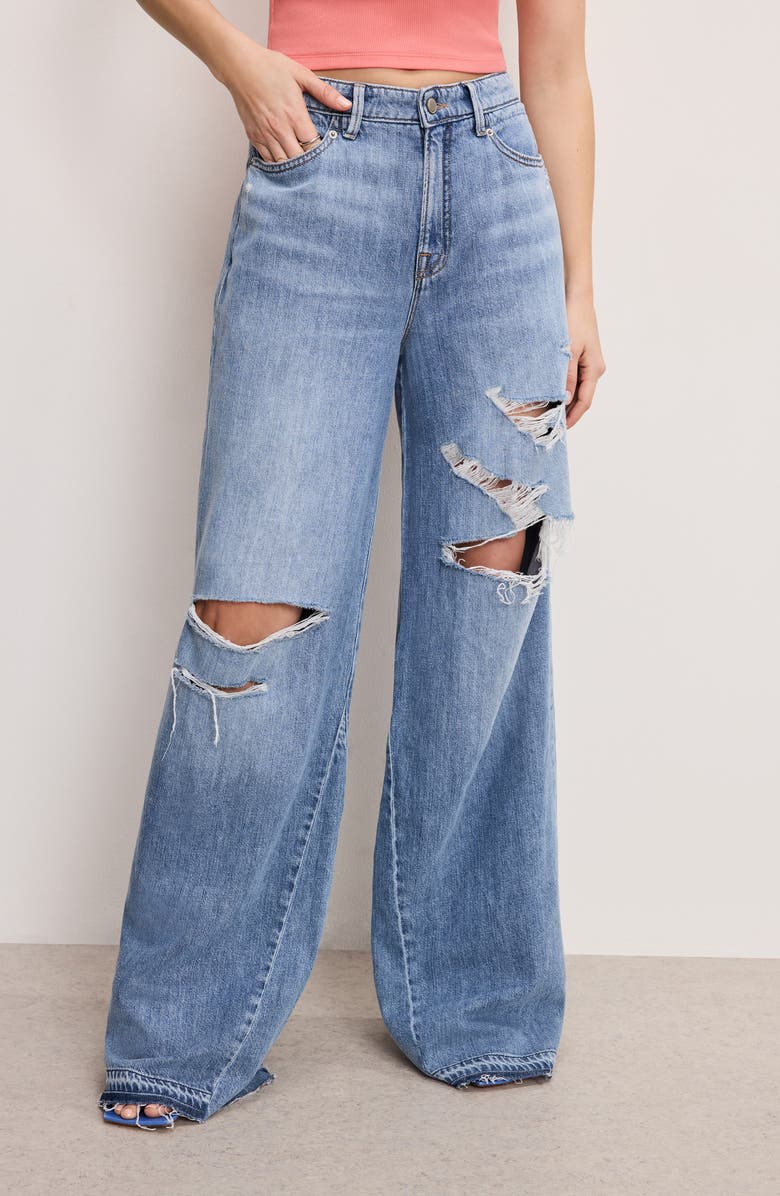 Good American Good Standard Ease Ripped Mid Rise Wide Leg Jeans, Alternate, color, Indigo876