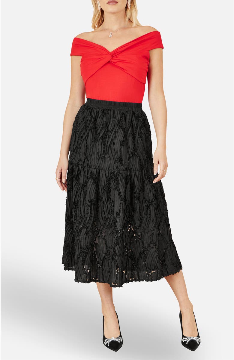 Yumi Mesh Applique Sequin Midi Skirt, Alternate, color, Black