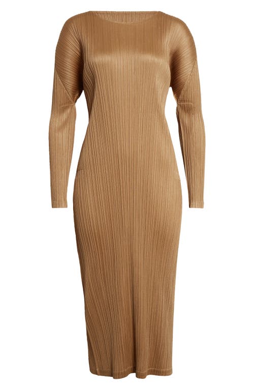 Shop Issey Miyake Pleats Please  Monthly Colors December Pleated Long Sleeve Midi Dress In Sand Beige