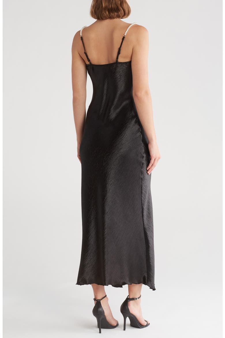 Imitation Pearl Strap Hammered Satin Maxi Slipdress, Alternate, color, BLACK