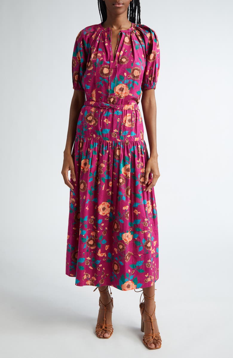 Ulla Johnson Anthia Floral Tiered Cotton Midi Skirt, Alternate, color, Ruby Flora