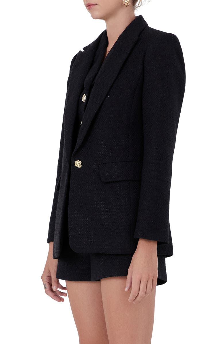 Endless Rose Peaked Lapel Tweed Blazer, Alternate, color, Black