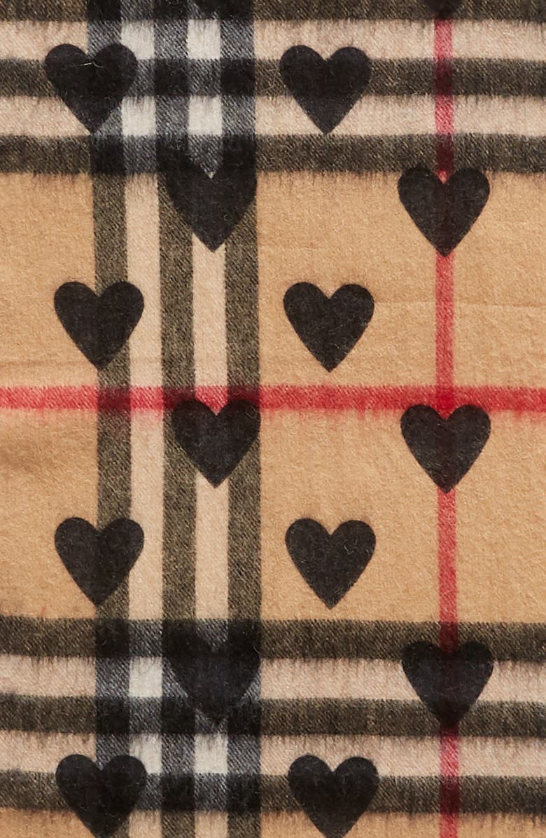 Burberry Heart & Giant Check Fringed Cashmere Scarf, Alternate, color, 