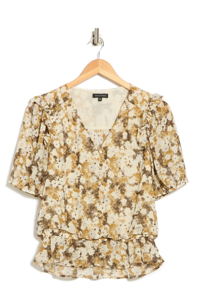 Pleione Puff Sleeve Peplum Top, Alternate, color, Cream Taupe Watercolor