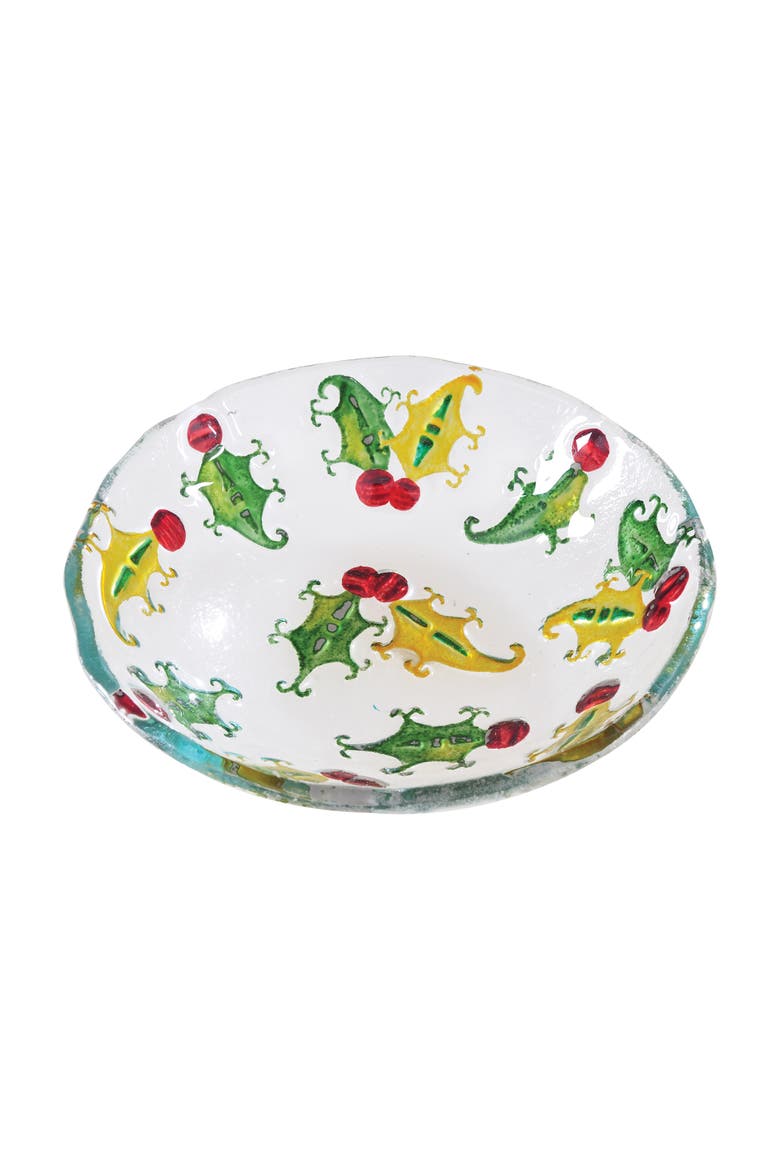 6.5" Christmas Decorative Holly Branch Leaf Accent Bowl, Main, color, White