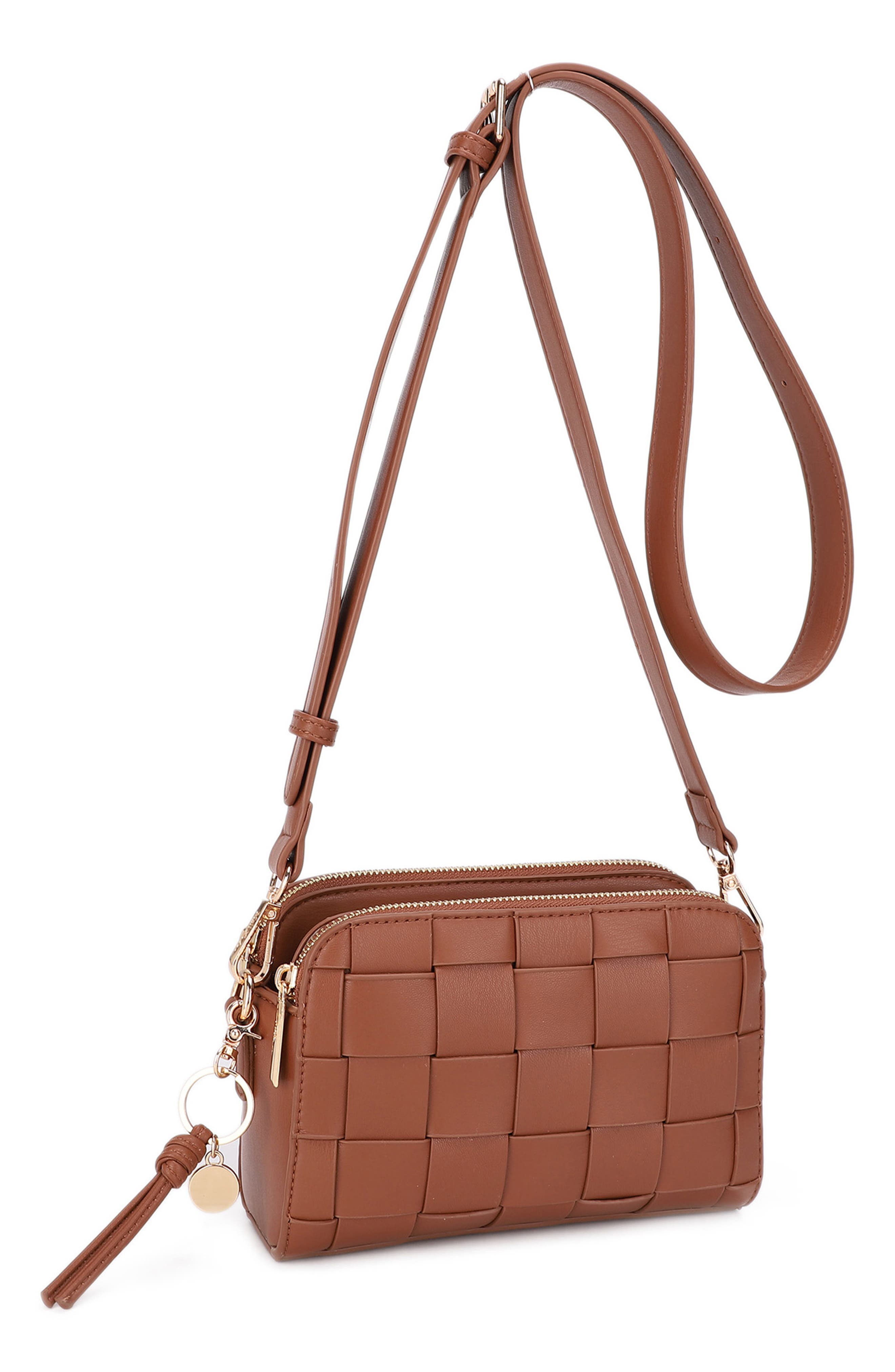 Nora Woven Faux Leather Crossbody Bag, Main, color, WARM BROWN
