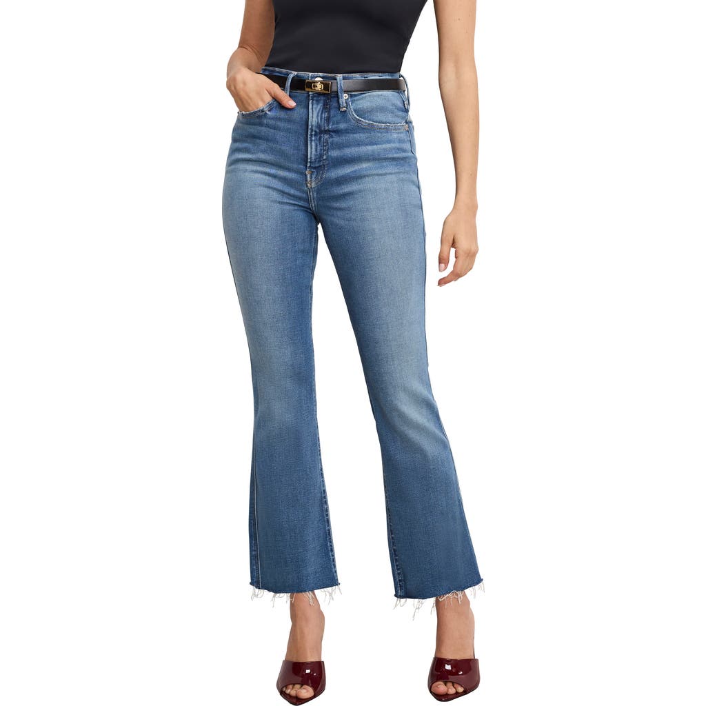 Good American Soft-tech Good Flare Raw Hem High Waist Ankle Flare Jeans In Blue