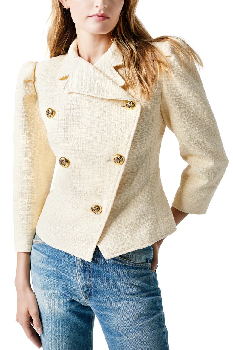 Double Breasted Cotton Blend Tweed Jacket, Main, color, CREMA TWEED