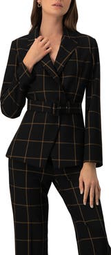 IVONNE Striped Double-Breasted Blazer with Belt