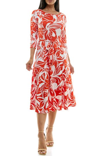 Nina Leonard Crewneck Three-quarter Sleeve Midi Dress In Orange/white