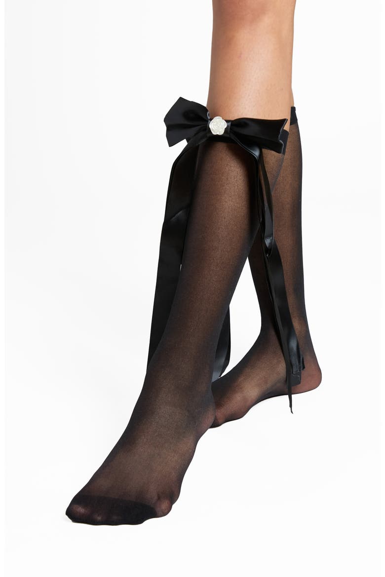 Satin Bow Sheer Crew Socks, Alternate, color, BLACK