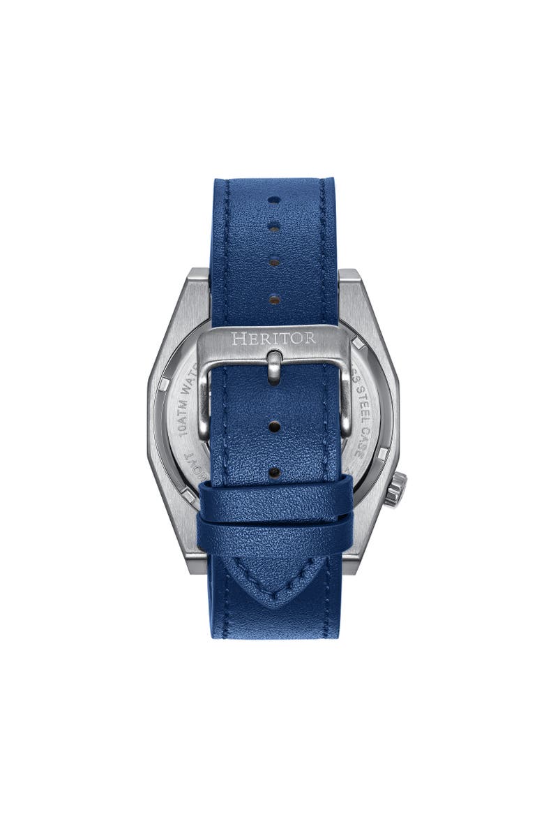 Amadeus Semi-Skeleton Leather-Band Watch, Alternate, color, Silver/Blue