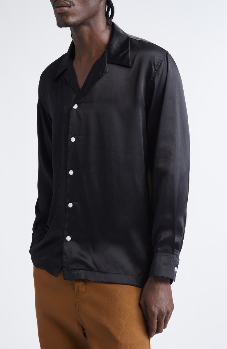 ENDLESS JOY Spiderweb Silk Satin Button-Up Shirt, Alternate, color, Black/ Orange