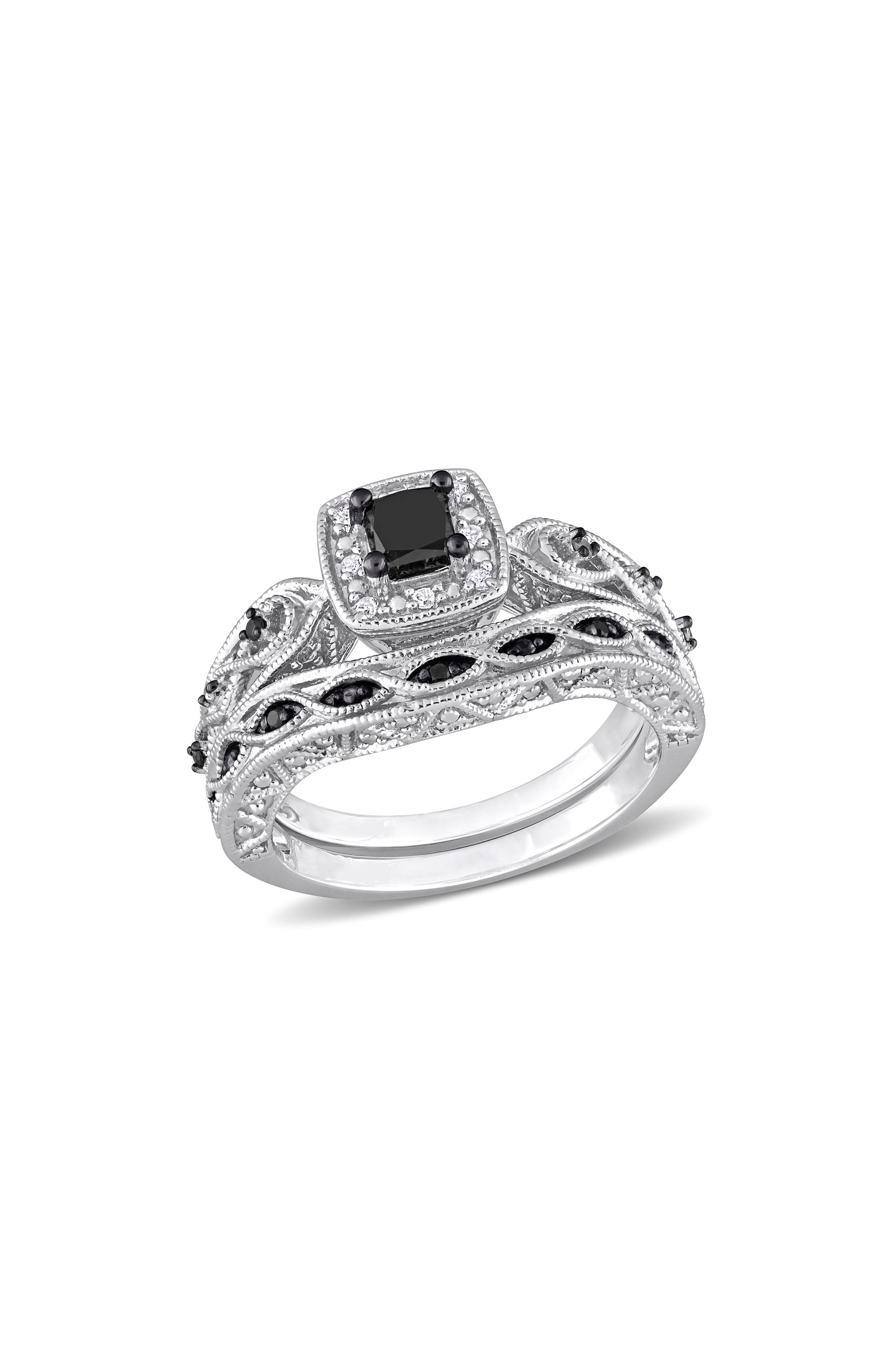 DELMAR Black & White Diamond Wedding Band & Engagement Ring Set