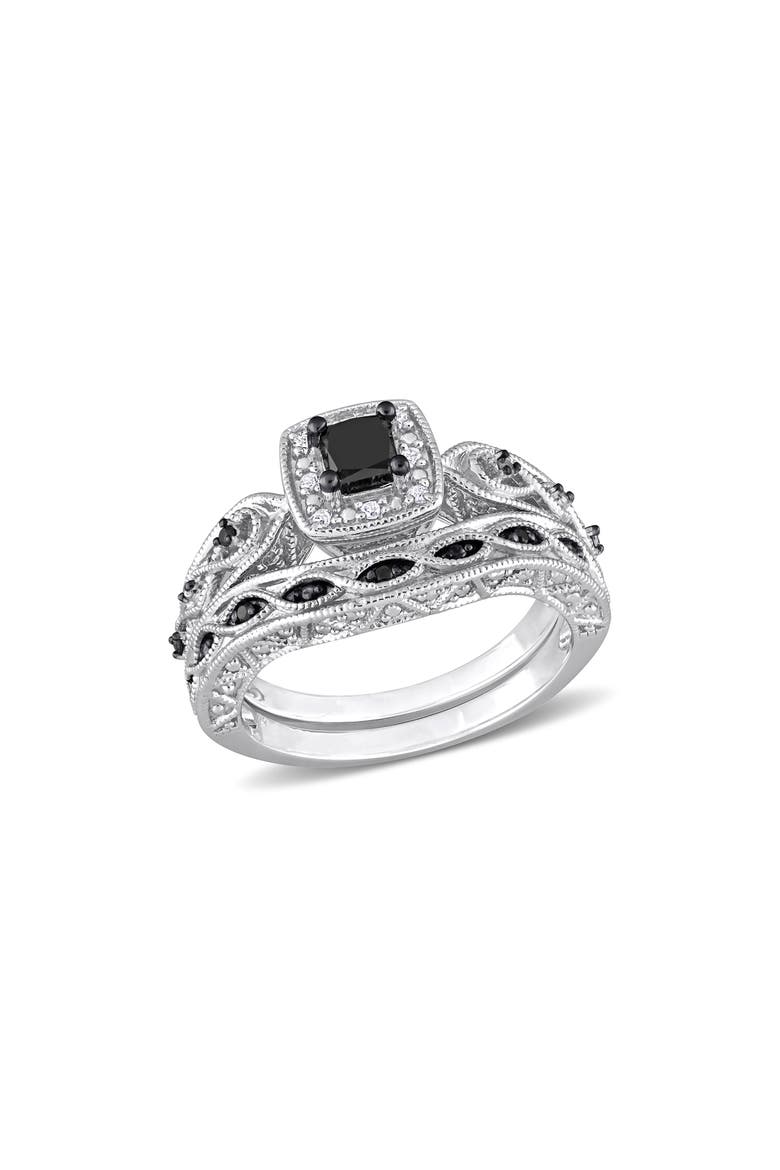 Black & White Diamond Wedding Band & Engagement Ring Set, Main, color, BLACK