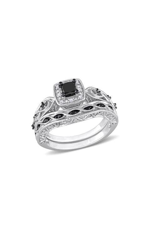 Black & White Diamond Wedding Band & Engagement Ring Set