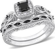 DELMAR Black & White Diamond Wedding Band & Engagement Ring Set