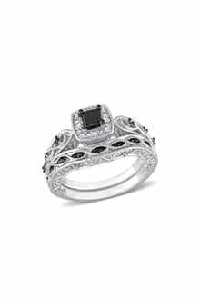 DELMAR Black & White Diamond Wedding Band & Engagement Ring Set
