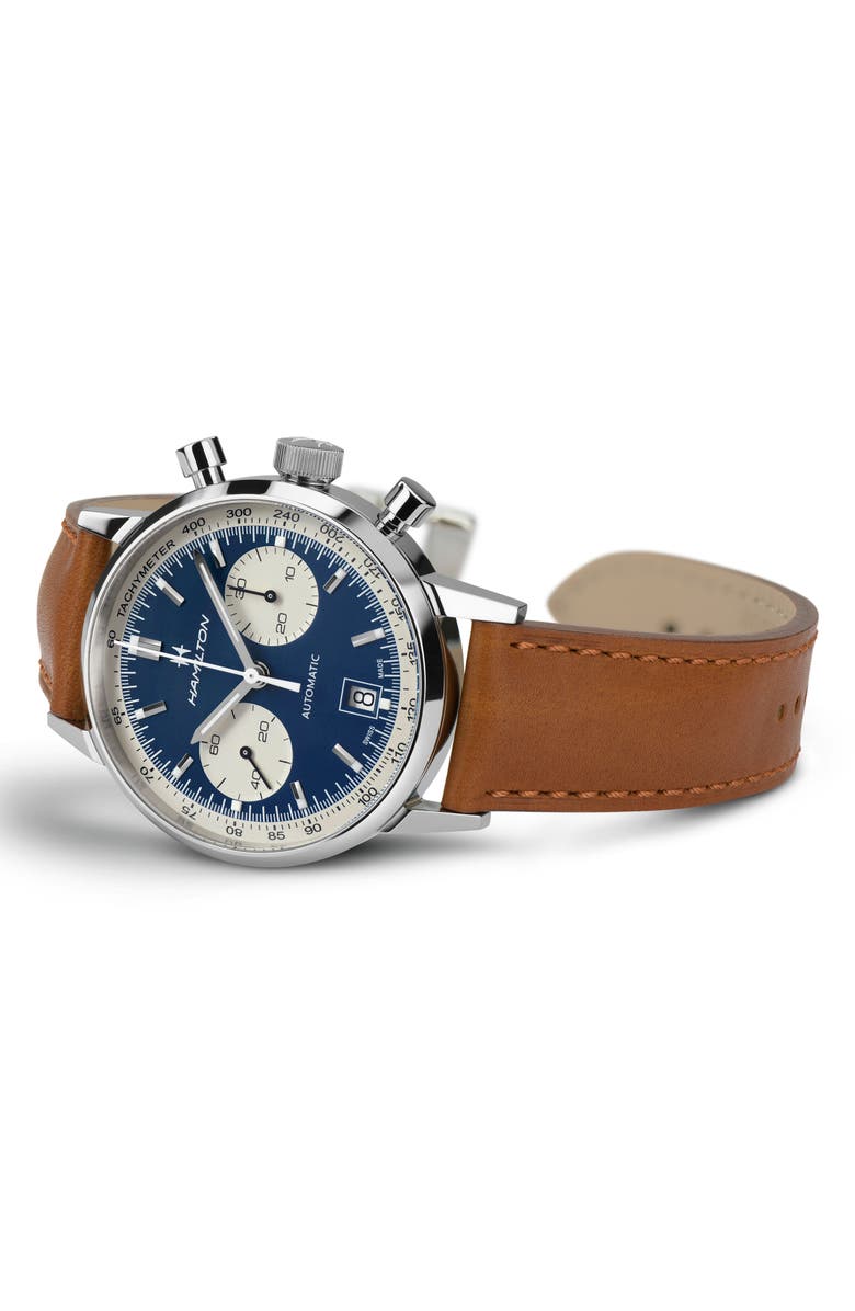 Hamilton American Classic Automatic Chronograph Leather Strap Watch, 40mm, Alternate, color, Brown/ Blue/ Silver