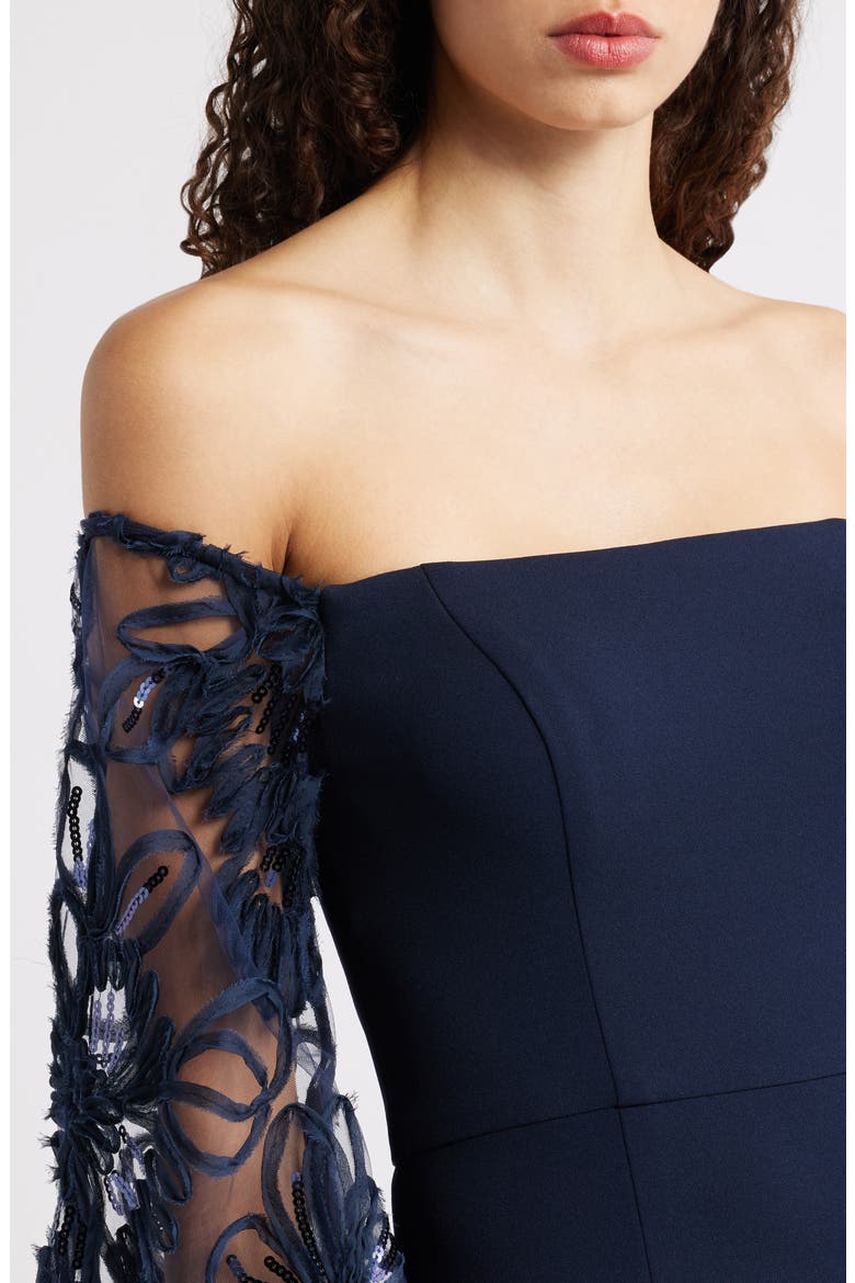 Sequin Balloon Long Sleeve Off the Shoulder Gown, Alternate, color, NAVY