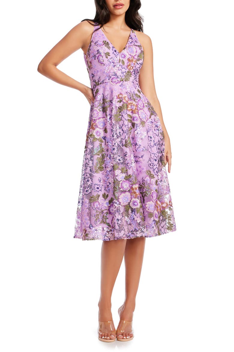 Elisa Floral Sequin Embroidered Cocktail Dress, Main, color, LAVENDER MULTI
