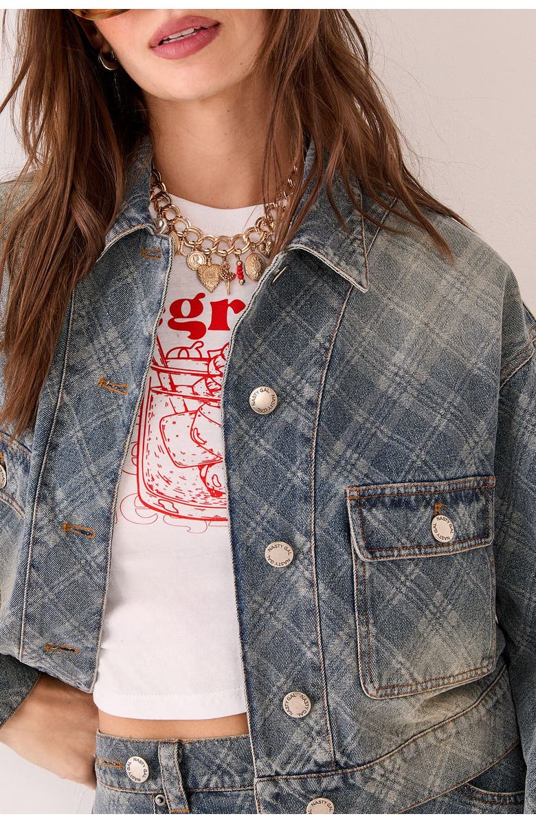 NASTY GAL Check Denim Distressed Jacket, Alternate, color, Authentic Midwash