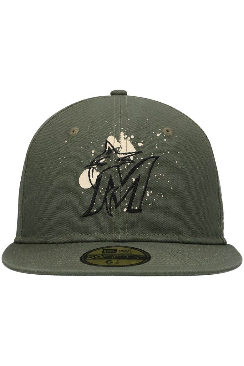 Men's New Era Olive Miami Marlins Splatter 59FIFTY Fitted Hat, Alternate, color, Olive
