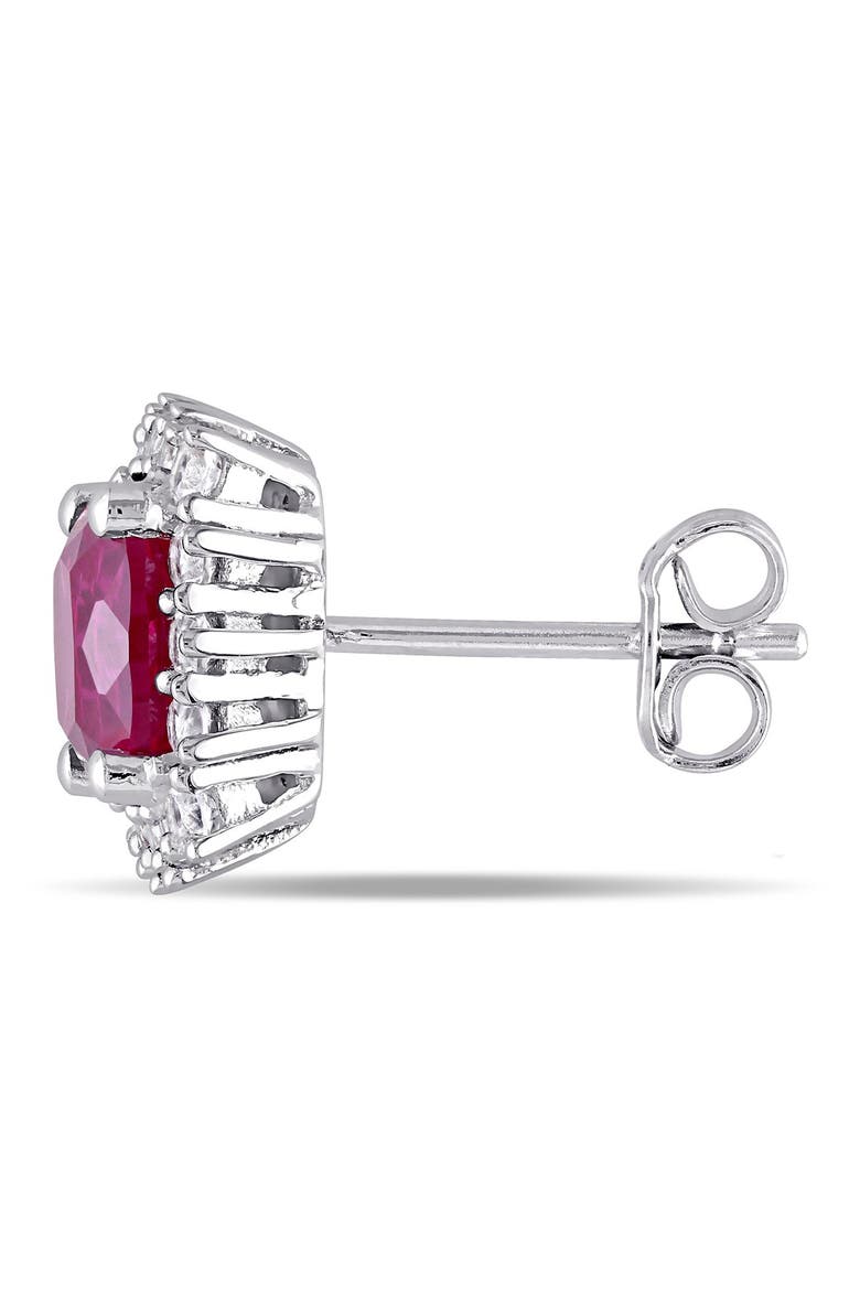 Sterling Silver Created White Sapphire Halo Cushion Created Ruby Earrings, Alternate, color, red