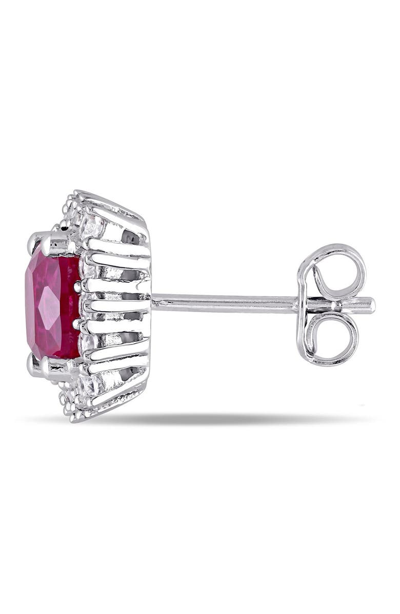 DELMAR Sterling Silver Created White Sapphire Halo Cushion Created Ruby Earrings, Alternate, color, Red