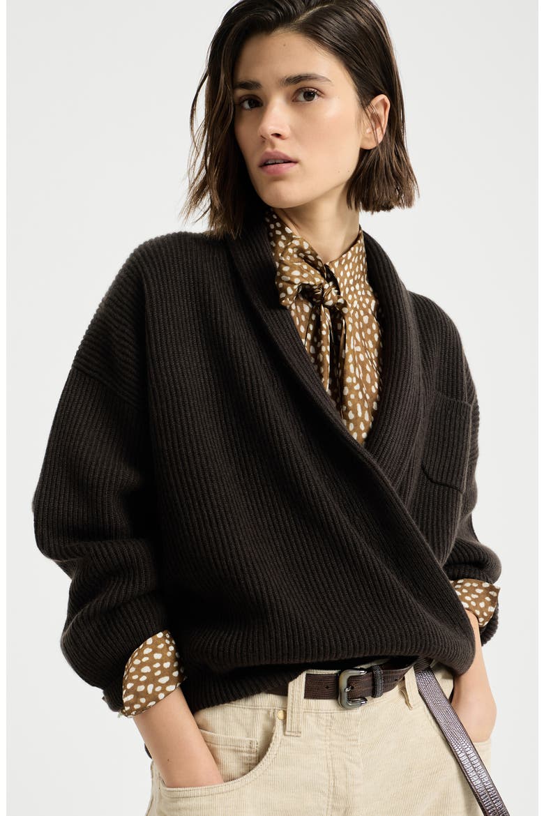 Cashmere English rib cardigan, Alternate, color, Coffee