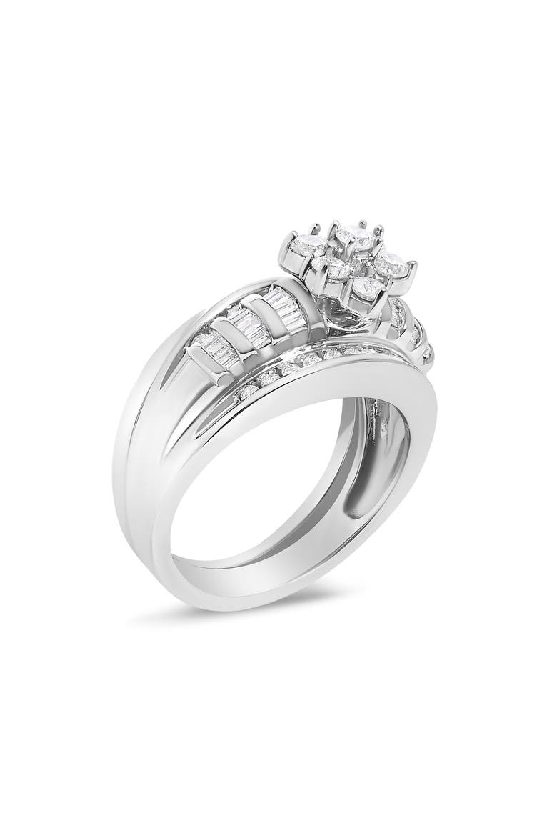 14K White Gold 1.0 Cttw Round and Baguette Diamond Cluster Bridal Set, Alternate, color, White Gold