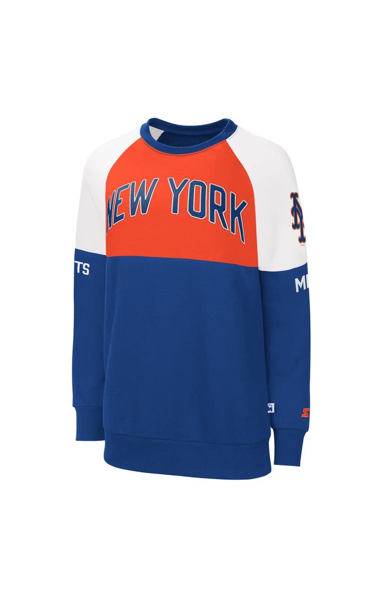 STARTER Women's Starter Royal/Orange New York Mets Baseline Raglan Pullover Sweatshirt, Main, color, 
