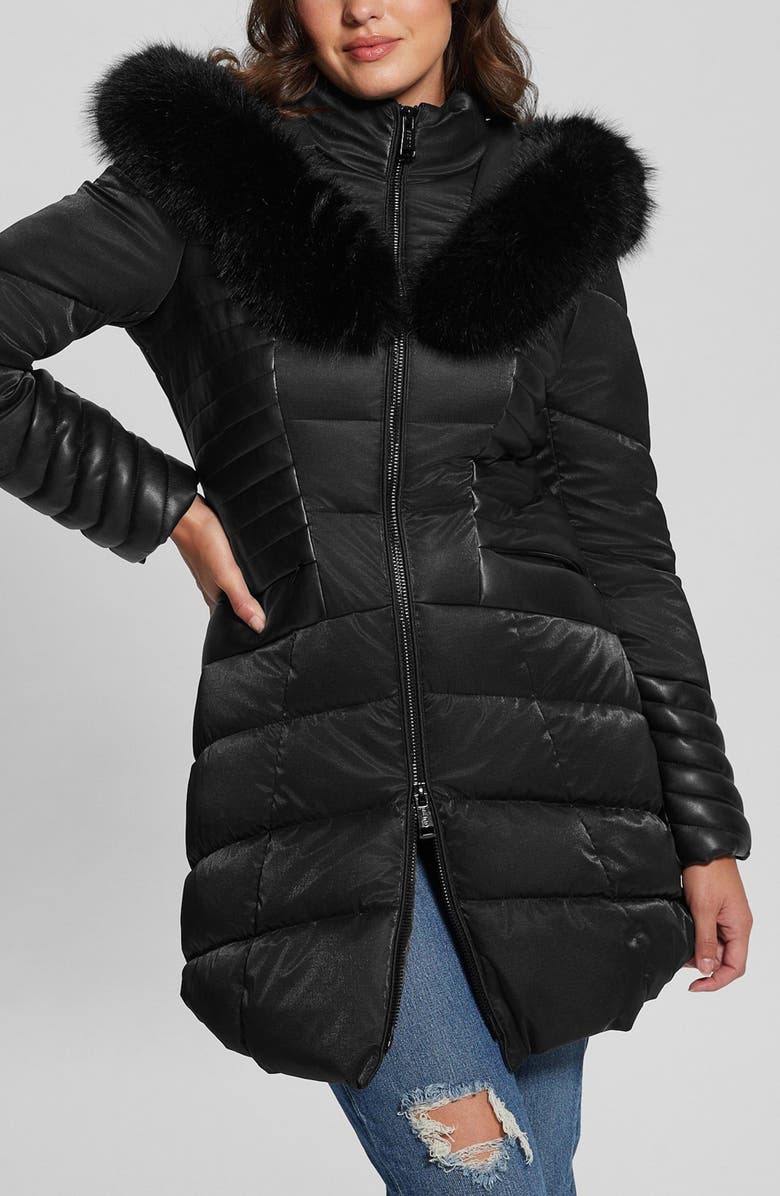 GUESS New Oxana Mixed Media Puffer Coat, Alternate, color, Black-Black