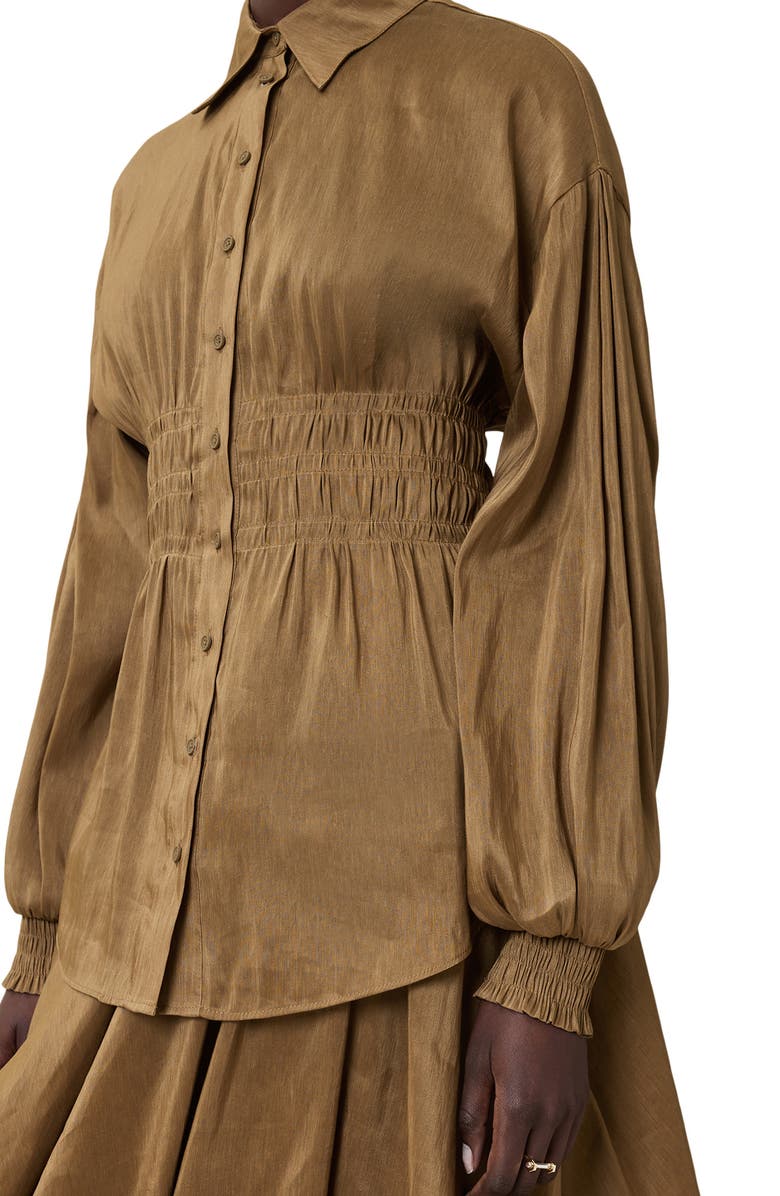 AllSaints Staci Smock Waist Linen & Silk Button-Up Shirt, Alternate, color, Breen Brown