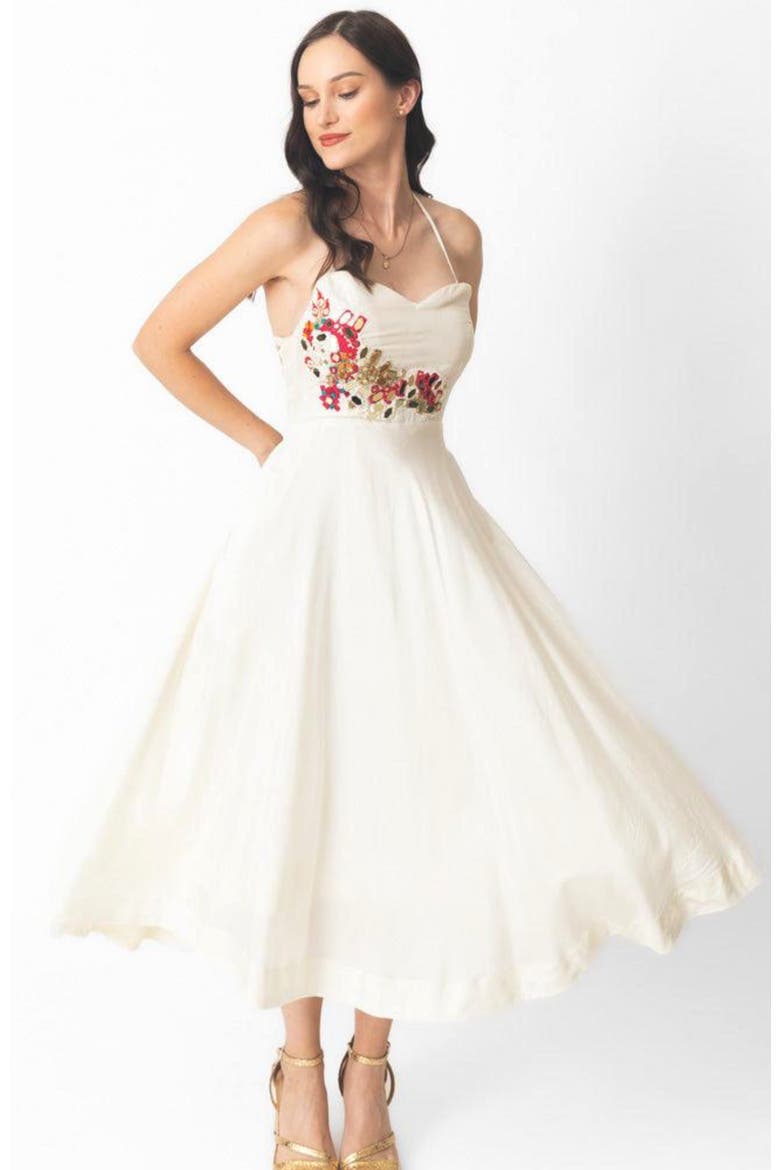 Mona Embroidered Strapless Midi Dress, Alternate, color, Off-White