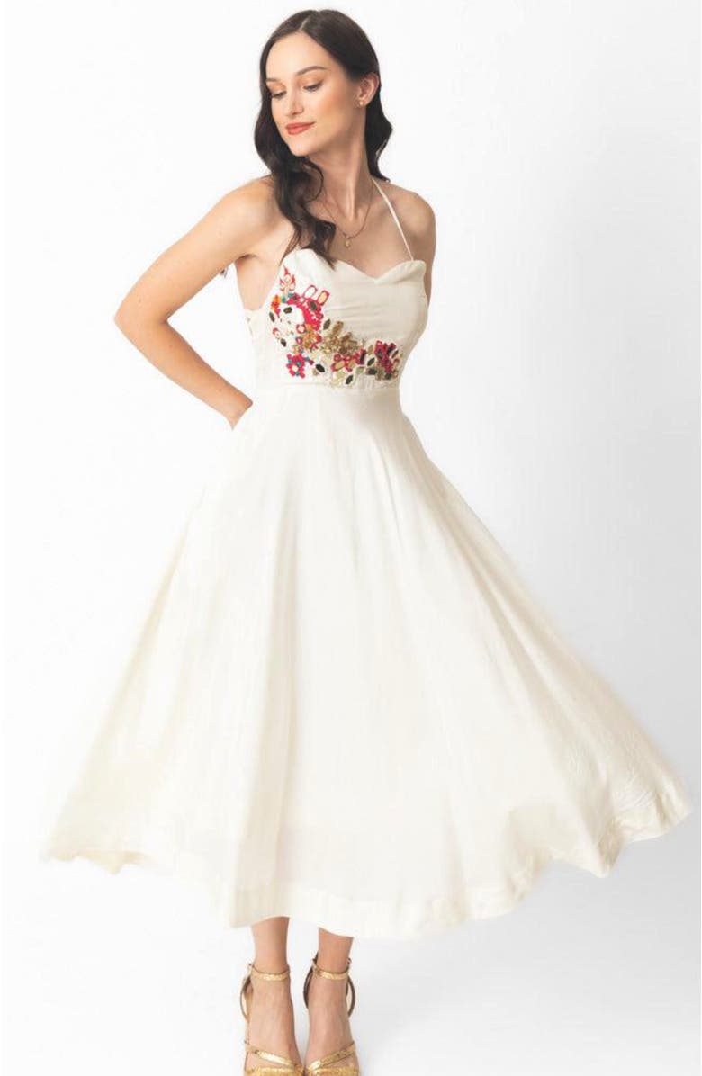 RAAS Mona Embroidered Strapless Midi Dress, Alternate, color, Off-White