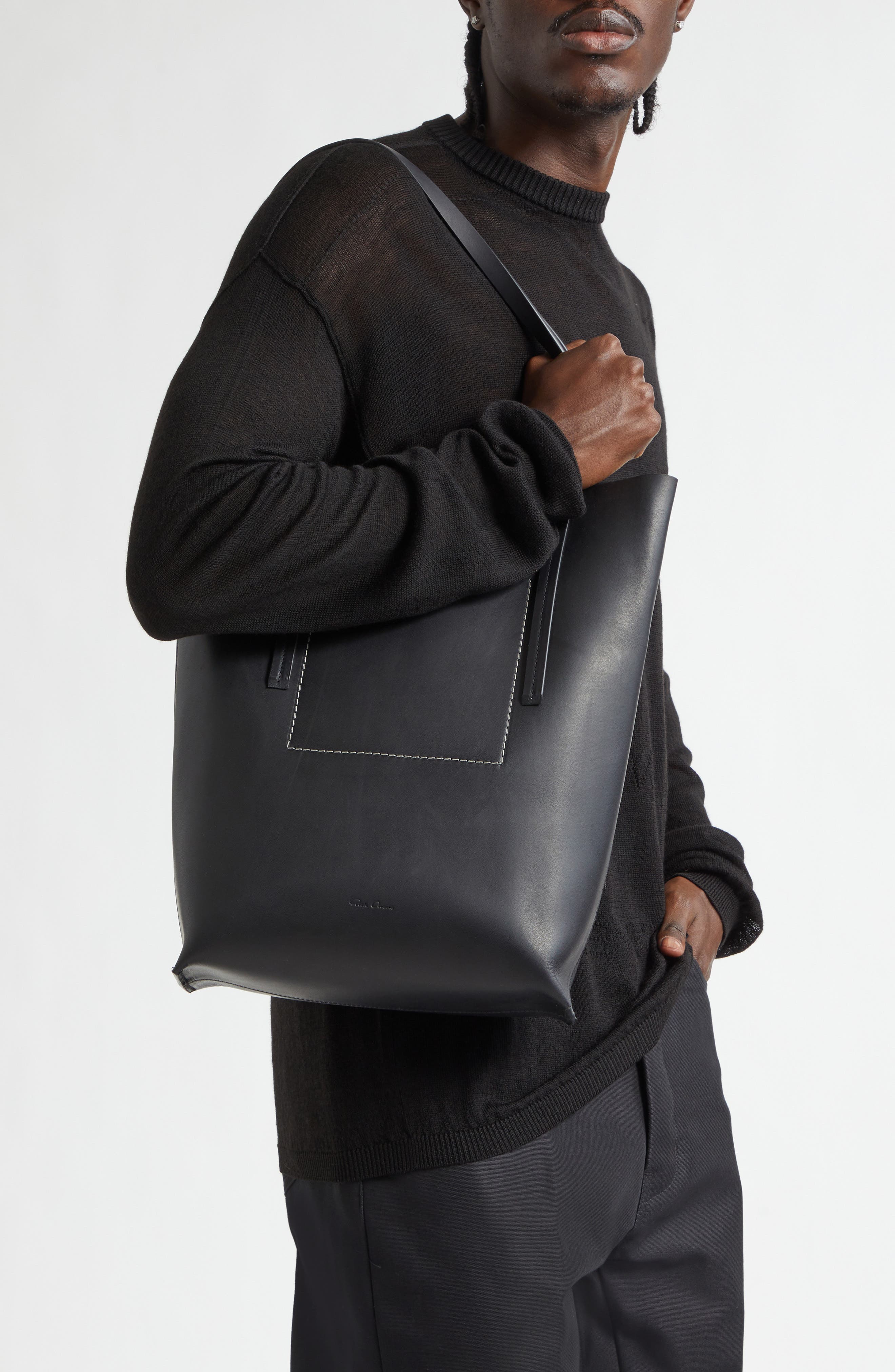 Borsa Medium Leather Shopper, Alternate, color, BLACK