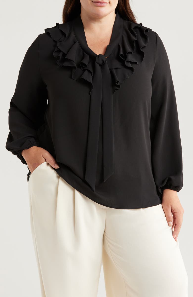 KASPER Ruffle Tie Front Crepe Top, Main, color, 