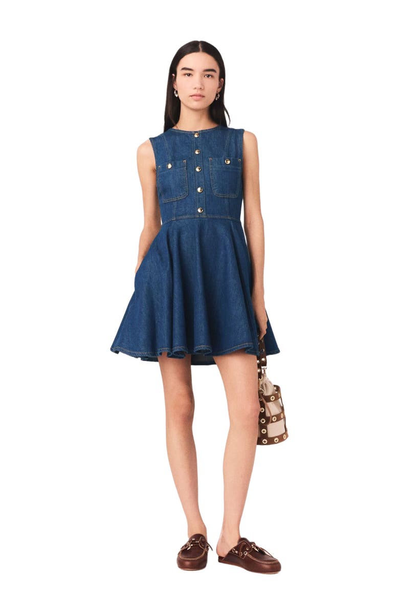 maje Short flared denim dress, Alternate, color, Navy