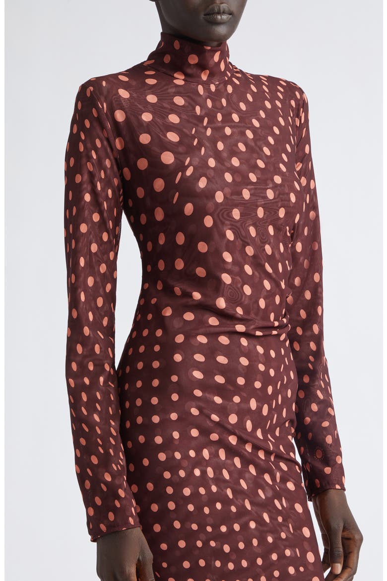 Polka Dot Mesh Long Sleeve Ruched Maxi Dress, Alternate, color, BURGUNDY/ PINK