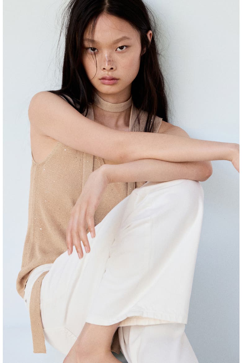 Sequin V-Neck Sweater, Alternate, color, SAND