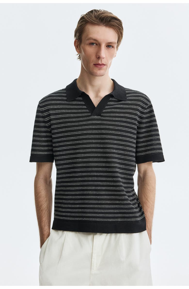 H&M Regular Fit Linen-blend Polo Shirt, Main, color, Black/Striped