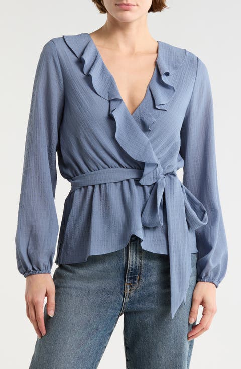 Ruffle Long Sleeve Faux Wrap Top