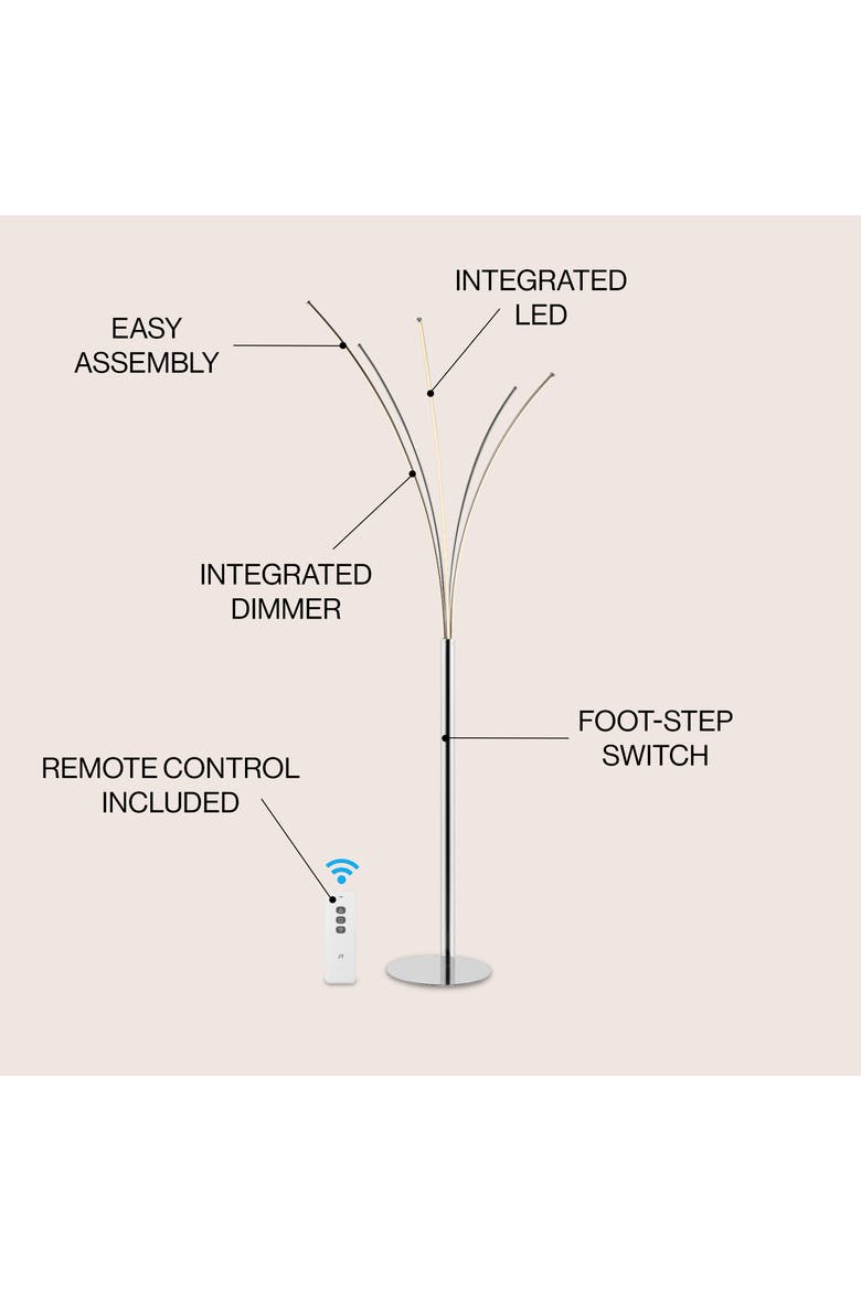 Fuochi Modern Minimalist Metal 5-Branch Arc Dimmable Integrated LED Floor Lamp with Remote Control, Alternate, color, Chrome