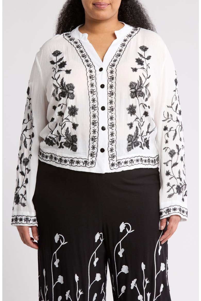 Floral Embroidered Long Sleeve Button-Up Top, Main, color, WHITE/ BLACK