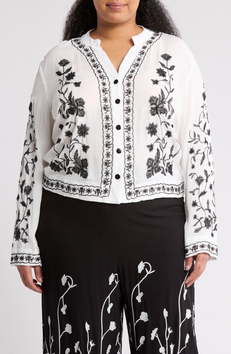Forgotten Grace Floral Embroidered Long Sleeve Button-Up Top, Main, color, White/ Black