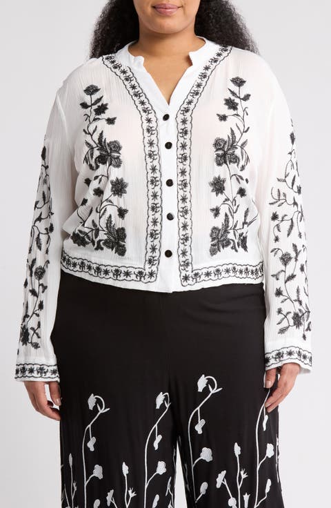 Floral Embroidered Long Sleeve Button-Up Top (Plus)