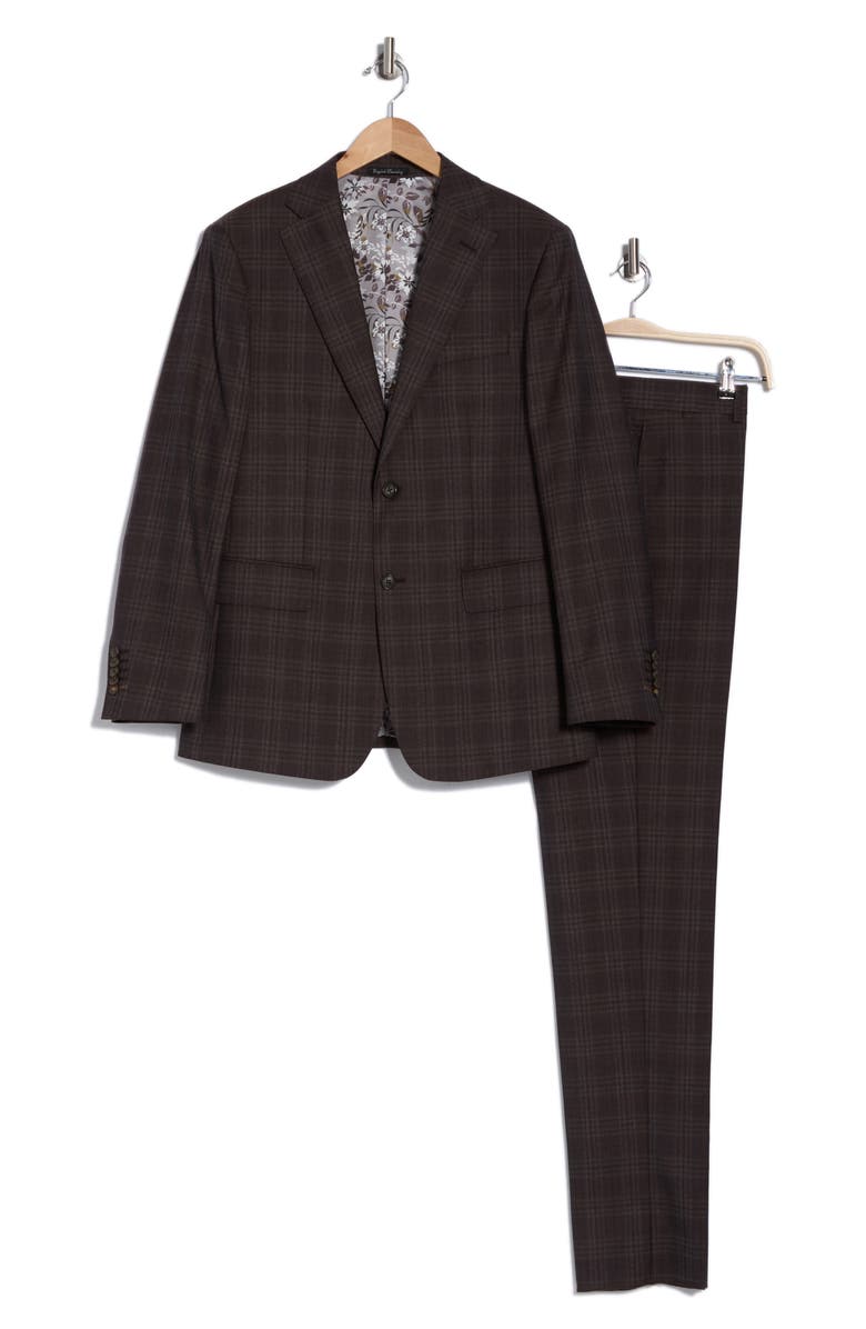 English Laundry Plaid Trim Fit Notch Lapel Wool Blend Two-Piece Suit, Alternate, color, Brown