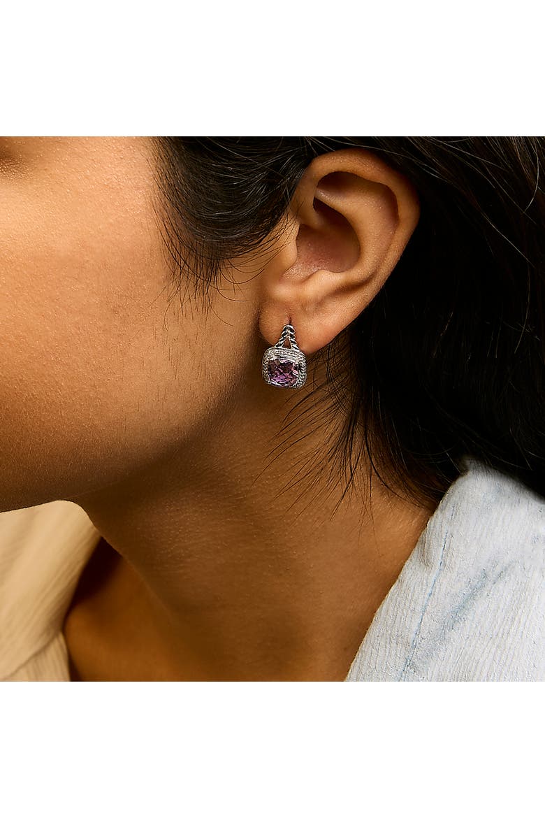 Sterling Silver Cushion Cut Amethyst and Diamond Accent Halo Drop Earrings, Alternate, color, Silver